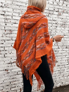Colorful striped hooded knit poncho shawl with fringes and diamond texture for women