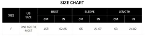 Detailed size chart with bust, sleeve, and length measurements for the knit poncho sweater