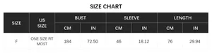 Size chart detail for oversized tassel poncho showing bust sleeve and length in cm and inches