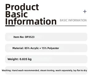 Detailed chart showing DP3523 knit poncho specs, 85% acrylic fabric and care instructions