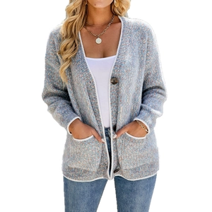 Women's vintage knit cardigan featuring color-mix yarn, large buttons, and two front pockets
