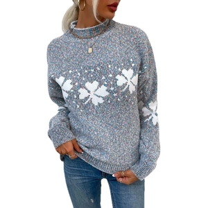 Women Christmas snowflake knit sweater with high neck in light blue festive casual style