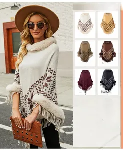 Detailed views of women's knit poncho capes with faux fur collars and snowflake patterns