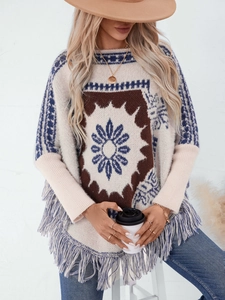 Women's Vintage Ethnic Knit Poncho Sweater Bohemian Tassel Shawl Batwing Sleeve Loose Pullover Outerwear Poncho Top