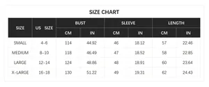 Size chart table for women's pullover sweater showing US sizes, bust, sleeve, and length