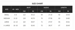 Detailed size chart for women's knit sweater showing US sizes and CM/IN measurements