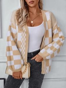 Women's casual oversized lantern sleeve cardigan in beige white checkered knit