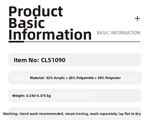 Detailed size and material chart for V-neck cardigan featuring 42% acrylic and 28% polyamide