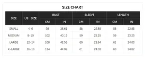 Detailed size chart for lace V-neck knit cardigan showing US sizes, bust and length