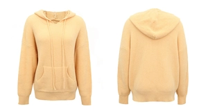 Détail recto-verso du sweat à capuche en maille crème avec une grande poche kangourou