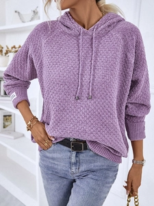 Women's purple hooded knit sweater featuring textured popcorn stitch and ribbed cuffs