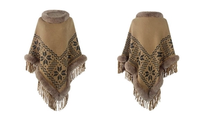Detail of knit poncho featuring faux fur collar, tassel hem, and snowflake ethnic pattern
