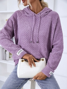 Chic purple hooded knit sweater with textured chenille fabric and drawstring detail