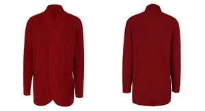 Front and back view of a burgundy chunky knit cardigan with a shawl collar and pockets