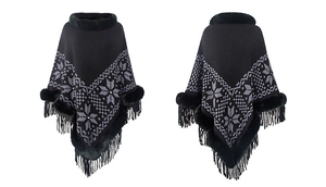 Detail of knitted poncho featuring snowflake patterns, faux fur trim, and fringed hemline