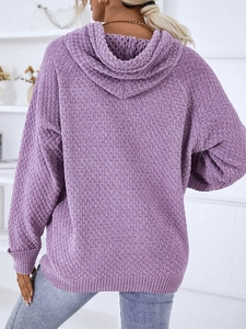Purple hooded knitted sweater for women featuring a waffle texture and drawstring hood