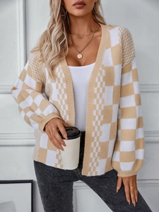 Women's plaid knit cardigan in cream and yellow with V-neck and lantern sleeves