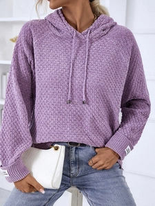 Lilac knit drawstring hoodie featuring textured waffle fabric and ribbed cuffs for women