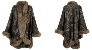 Front and back view of thick knitted peacock print poncho with faux fur collar and trim
