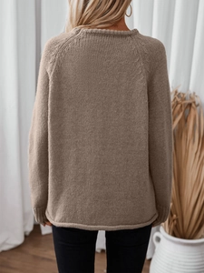 Women's oversized khaki knit sweater with roll-edge hem and long raglan sleeves