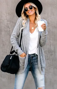 Close-up of grey chunky knit cardigan texture with functional large side pockets