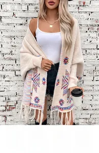 Close-up of bohemian Aztec cardigan featuring geometric jacquard patterns and fringe hem