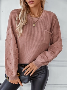 Women's Loose Rabbit Hair Knit Sweater Casual Round Neck Solid Color Top With Pocket Textured Bubble Sleeve Pullover For Autumn Winter