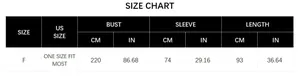Detailed size chart for Aztec geometric cardigan showing US size and measurements