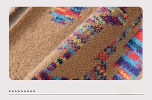 Macro detail of thick knit fabric with colorful Aztec geometric patterns and soft texture