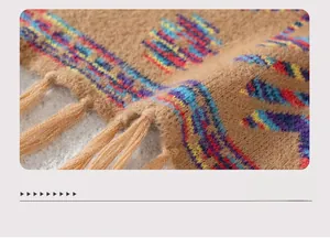 Close-up of bohemian geometric knit pattern and soft fringe tassels on a camel cardigan