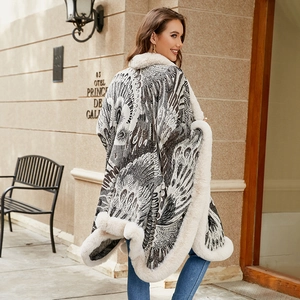 Elegant bohemian peacock pattern knit shawl with faux fox fur trim for winter warmth