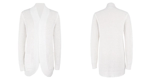 Detailed macro view showing the honeycomb texture and ribbed edges of a white knit cardigan