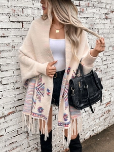 Ethnic Geometric Jacquard Tassel Shawl Cardigan Polyester Bohemian Open Front Long Sleeve Sweater Coat For Women