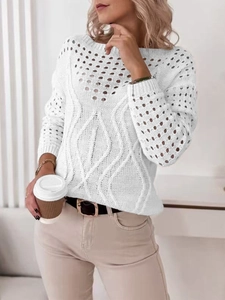 Pull en Tricot Ajouré pour Femmes Acrylique Col Bateau Blanc Uni Manches Longues Pullover Top Crochet Décontracté Streetwear