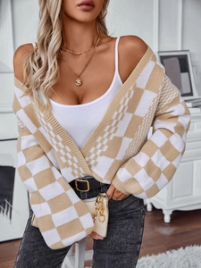 Women Rabbit Hair Contrast Color Checkerboard Knit Cardigan Casual Loose V-Neck Lantern Sleeve Sweater Autumn Winter Tops