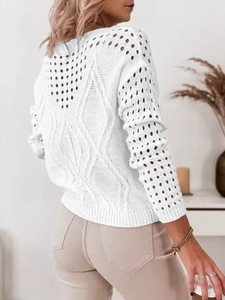 Pull en maille ajourée blanche pour femme avec motif en losange et manches longues chic