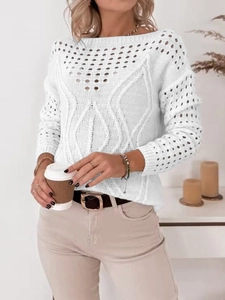 Pull en maille ajourée blanc avec col bateau et manches longues pour femmes