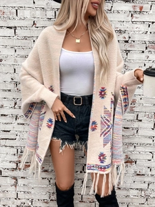 Beige Aztec cardigan with boho geometric jacquard patterns and stylish tassel fringe hem