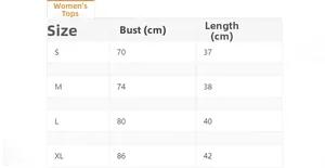 Detailed size chart for women's crop top and skirt set showing chest and length in cm