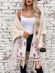 Bohemian Aztec knit cardigan featuring geometric patterns and fringe tassels for women