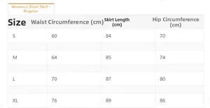 Size chart showing waist, length, and hip measurements for women's skirt and top set
