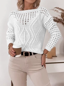 Pull blanc en maille ajourée à manches longues avec texture ondulées pour un look d'automne élégant