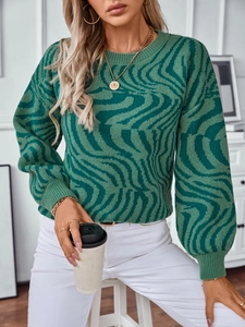 Women's zebra pattern knit sweater with round neck in green and white colorway