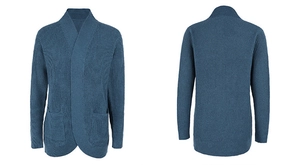 Front and back view of a blue waffle knit cardigan with long sleeves and large pockets