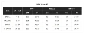 Size chart for zebra pattern knit sweater showing US sizes S-XL in CM and IN measurements