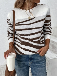 Women Zebra Print Round Neck Sweater With Shoulder Buttons Casual Long Sleeve Knitwear Pullover Top Autumn Winter