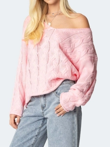 Pink oversized V-neck cable knit sweater for women with a relaxed slouchy fit