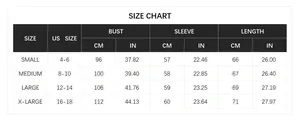 Size chart for women's knitted top with detailed bust, sleeve, and length measurements