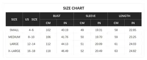 Detailed size chart for women pullover sweater with bust, sleeve and length dimensions