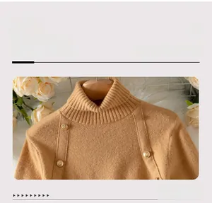 Detailed view of camel turtleneck sweater featuring vintage gold buttons on collar